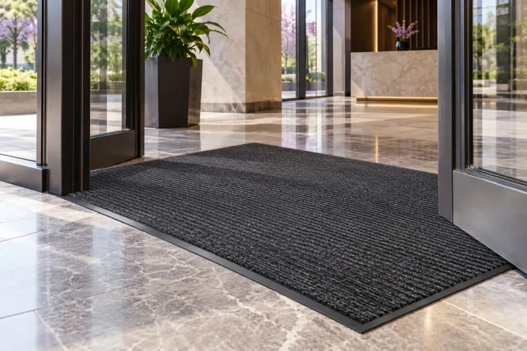 Commercial Entrance Mats for business entryways, charcoal ribbed mat inside a glass-door lobby.