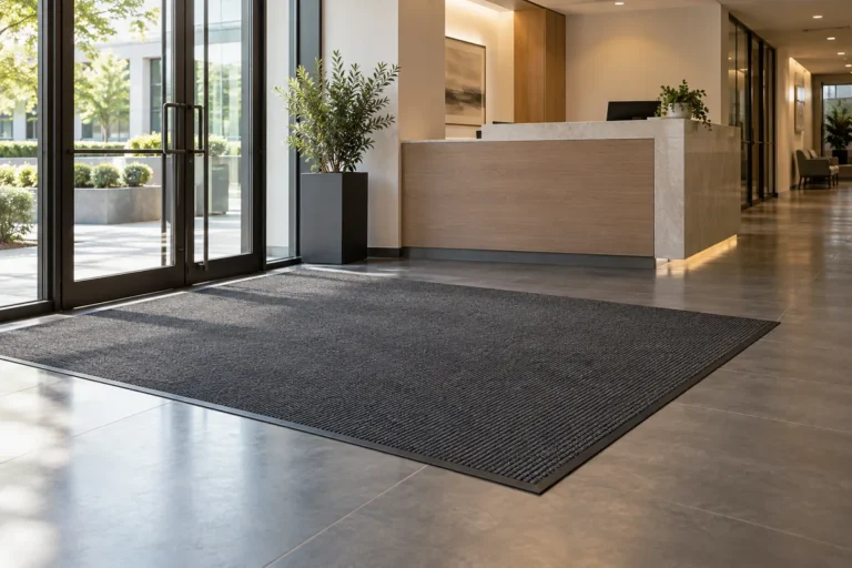 Office & Business Mats for reception areas, charcoal entrance mat beside an office reception desk.