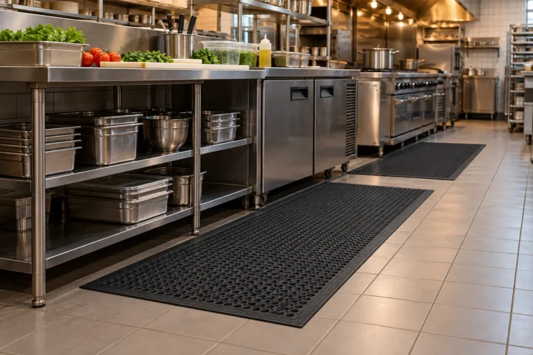 Restaurant Mats for kitchen work areas, black open-hole mats alongside stainless steel preparation counters.
