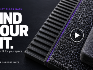 Find your fit. Specialty floor mats. Supreme Support Mats video cover with charcoal mat textures and a purple accent.
